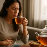 Žena pije čaj zo senny ako prírodné riešenie na tráviace problémy.