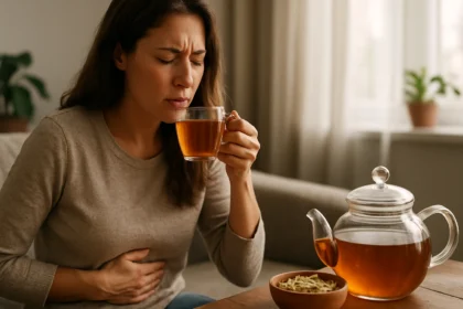 Žena pije čaj zo senny ako prírodné riešenie na tráviace problémy.