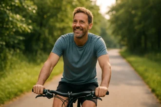 Usmiaty muž bicyklujúci v prírode, zdravý životný štýl.