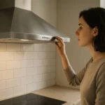 Žena nastavuje šikmý digestor v modernej kuchyni.