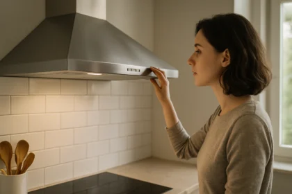 Žena nastavuje šikmý digestor v modernej kuchyni.