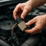 Mechanik drží predrezistor ventilátorového motora pod kapotou auta.