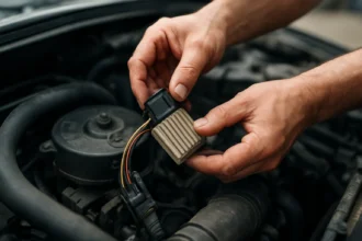 Mechanik drží predrezistor ventilátorového motora pod kapotou auta.