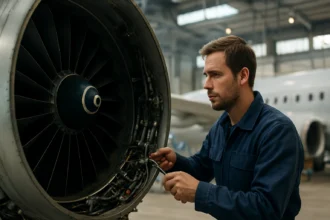 Mechanik kontroluje letecký motor v hangári