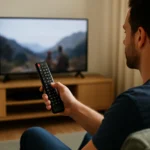 Muž používa infračervené diaľkové ovládanie na sledovanie televízie.