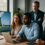 Skupina odborníkov diskutuje o jadrovej energii a obnoviteľných zdrojoch.