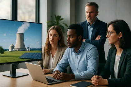 Skupina odborníkov diskutuje o jadrovej energii a obnoviteľných zdrojoch.