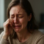 Žena so slzami v očiach, prežívajúca emocionálny moment v interiéri