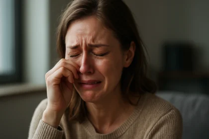 Žena so slzami v očiach, prežívajúca emocionálny moment v interiéri