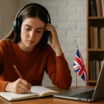 Mladá žena sa sústreďuje na učenie angličtiny s notebookom a slúchadlami.