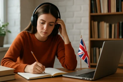 Mladá žena sa sústreďuje na učenie angličtiny s notebookom a slúchadlami.