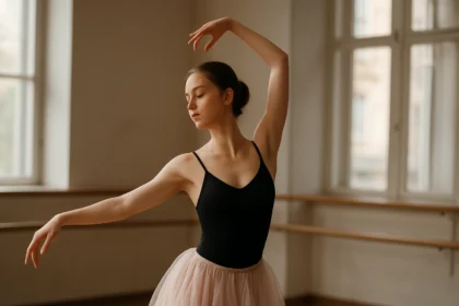 Mladá baletka tancuje v štúdiu s harmóniou a gráciou.