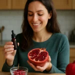 Žena drži granátové jablko a fľaštičku s extraktom granátového jablka.