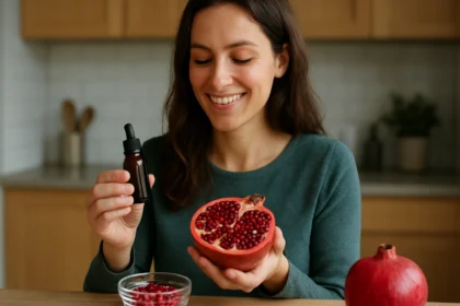 Žena drži granátové jablko a fľaštičku s extraktom granátového jablka.