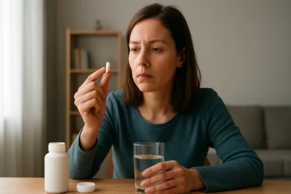 Žena zvažujúca užitie ACC 200 na pomoc pri kašli