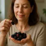 Žena vychutnáva morušu, zdravé superpotraviny pre imunitu.