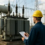 Technik kontroluje transformátor v elektrickej stanici.