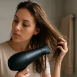 Žena suši vlasy sušičom vlasov v kúpeľni.