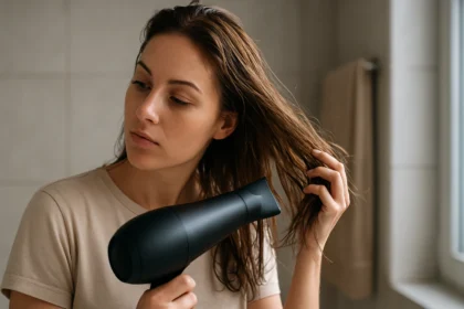 Žena suši vlasy sušičom vlasov v kúpeľni.