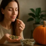 Žena s tekvicovými semienkami a tekvicou, zdravá strava