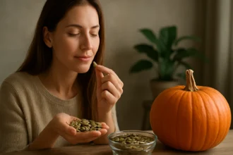 Žena s tekvicovými semienkami a tekvicou, zdravá strava