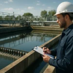 Pracovník monitorujúci sedimentačnú nádrž na čistenie vody