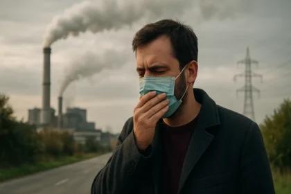 Muž s maskou v blízkosti priemyselných emisí vzduchu