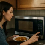 Žena používa mikrovlnnú rúru na ohrievanie jedla v kuchyni.