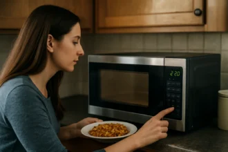 Žena používa mikrovlnnú rúru na ohrievanie jedla v kuchyni.