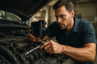 Mechanik kontroluje DISA ventil v motorovom priestore vozidla.