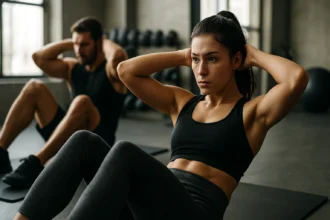 Žena cviči brušné cviky v posilňovni pre zlepšenie kondície