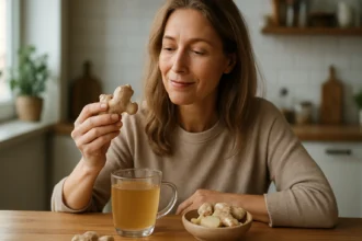 Žena si vychutnáva zázvorový čaj a sušený zázvor na stole.