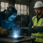 Zváranie s ochrannou výbavou na bezpečnej pracovnej stanici.