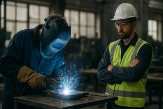 Zváranie s ochrannou výbavou na bezpečnej pracovnej stanici.