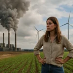 Žena stojí pred elektrárňou s emisiami a veternými turbínami v pozadí.