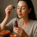 Žena aplikujúca rakytníkový olej na pokožku tváre.