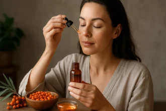 Žena aplikujúca rakytníkový olej na pokožku tváre.