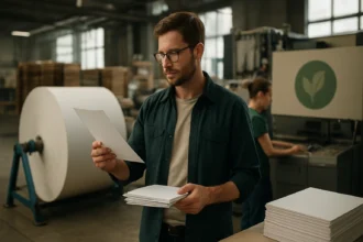 Muži kontrolujúci papier v ekologickej výrobni