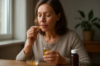 Žena užívajúca olej z treščej pečene a doplnky zdravia