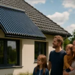 Rodina pred domom s vákuovými solárnymi kolektormi na streche.
