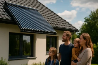 Rodina pred domom s vákuovými solárnymi kolektormi na streche.