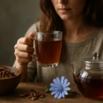 Žena pijúca čakankový čaj s korením a kvetom čakanky.