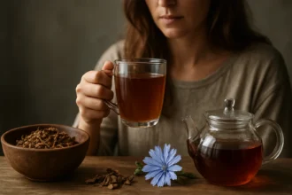 Žena pijúca čakankový čaj s korením a kvetom čakanky.