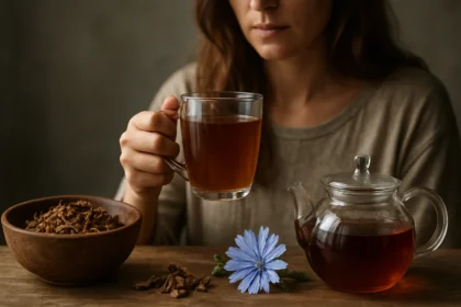 Žena pijúca čakankový čaj s korením a kvetom čakanky.