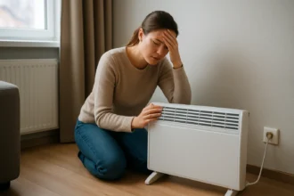 Žena so zlomeným výrazom pred konvektorom na vykurovanie