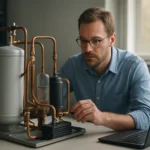 Muž skúma model absorpčnej chladničky so zameraním na jej technológiu.