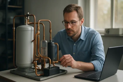 Muž skúma model absorpčnej chladničky so zameraním na jej technológiu.