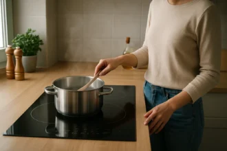 Žena varí na keramickej varnej doske v modernej kuchyni