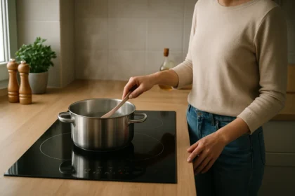 Žena varí na keramickej varnej doske v modernej kuchyni