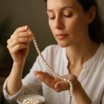 Žena s pestovanými perlami v ruke, prírodná starostlivosť o krásu.